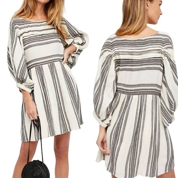 Free People Lilly Oversized Striped Balloon Half Sleeve Mini Dress Size Medium - Picture 1 of 6